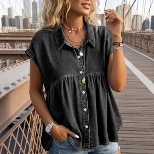 Casual stylish black denim short sleeve button-down top with ruffled hem for summer