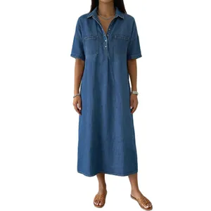 Robe midi en denim décontractée pour femme avec col en V, manches courtes et poches