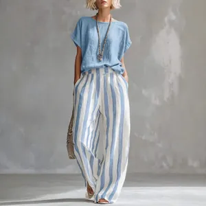Conjunto de lino de dos piezas para mujer con top azul y pantalón ancho de rayas