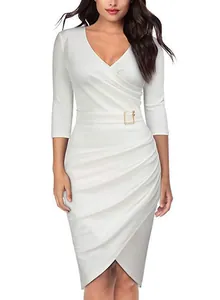 Elegant white V-neck 3/4 sleeve bodycon wrap dress with gold buckle belt detail.