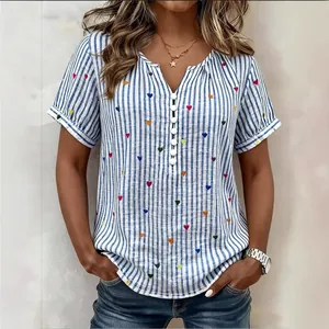 Women Plus Size Heart Print Striped Short Sleeve Shirt Casual V Neck Button Up Loose Mid-Length Blouse Top