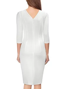 Detailed back view of a white three-quarter sleeve V-neck bodycon professional dress