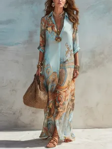 Robe longue bohème à imprimé numérique bleu clair, style de villégiature chic