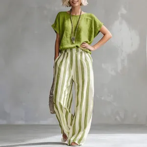 Conjunto casual de dos piezas para mujer, top verde y pantalón de rayas anchas