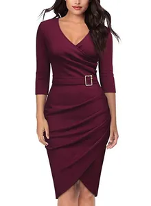Elegant wine red dress showing V-neckline, 3/4 sleeves and flattering waist draping.