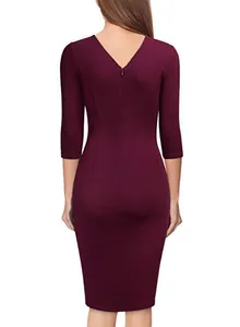 Detailed back view of a burgundy V-neck 3/4 sleeve bodycon office dress for women