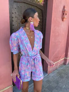 Stylish dopamine colorful print romper with deep V-neck and puff sleeves for summer