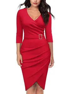 Detail view of the red V-neckline and belted waist on a professional sheath dress