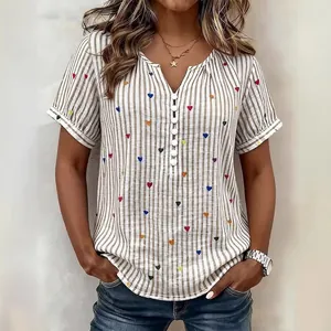 Stylish summer plus size short sleeve striped shirt with colorful heart prints and V-neck