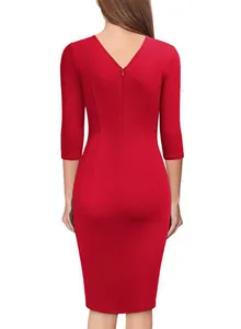 Back view of a red 3/4 sleeve V-neck bodycon dress for office and cocktail parties