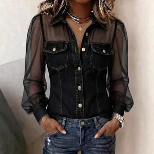 Chemise chic noire style denim pour femmes avec manches bouffantes en maille