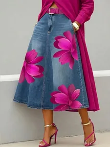 A-Linien-Midirock mit Vintage-Denim-Druck und leuchtend rosa Blumenmustern für Damen