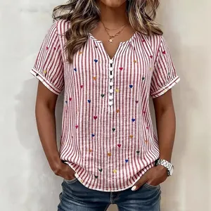 Women's casual short sleeve blouse with red stripes and colorful heart prints