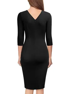 Back view detail of elegant black 3/4 sleeve V-neck bodycon midi dress for office wear