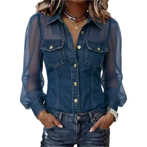 Haut décontracté pour femme style denim avec manches longues en mesh transparent