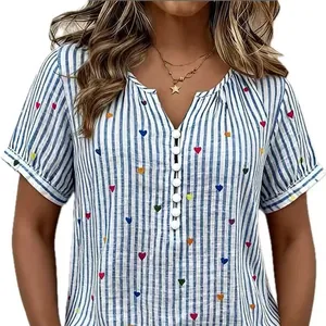 Summer short-sleeved blue striped shirt with multi-color heart embroidery and V-neck design