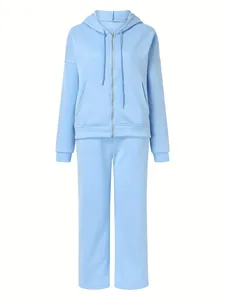 Light blue two-piece women's tracksuit set with hooded zip-up jacket and joggers