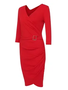 Front view of an elegant red V-neck bodycon dress with 3/4 sleeves and ruching detail.