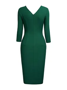Back view of dark green bodycon midi dress with V-neckline and 3/4 sleeves.