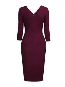 Back view of elegant burgundy bodycon dress with 3/4 sleeves and V-neckline detail