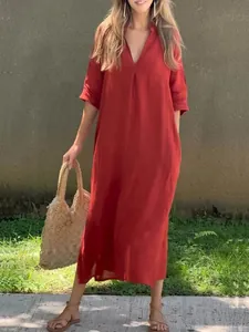 Summer V-neck maxi dress with pleated front and side slits in terracotta linen style