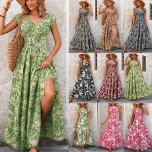 Women Vintage Floral Print Maxi Dress Elegant V-Neck Short Sleeve Bohemian A-Line Tiered Long Dress For Summer Vacation Plus Size
