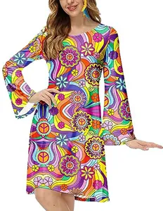 Vista detallada del vestido hippie retro para mujer con estampados psicodélicos