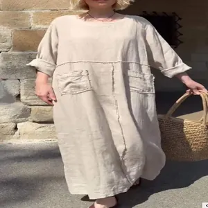 Casual oversized beige cotton linen maxi dress with long sleeves and large front pockets