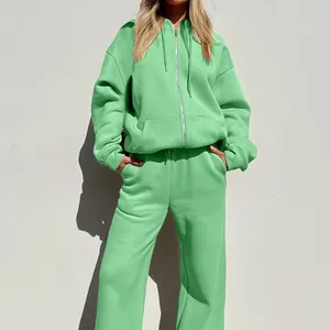 Women Casual Hooded Sportswear Set Loose Zipper Sweatshirt And Straight Jogger Pants Top And Bottom Sweatsuit Outfits