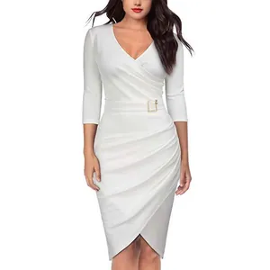 Elegant white 3/4 sleeve V-neck bodycon professional dress for office and cocktails.
