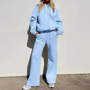 Light blue two-piece hooded sweatshirt and wide-leg jogger pants tracksuit set for women