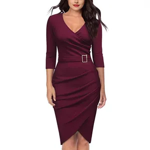 Elegant wine red V-neck sheath dress with 3/4 sleeves and belted waist for office wear