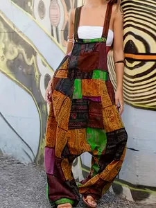 Mono estilo harén boho con estampado étnico de retales y bolsillo frontal