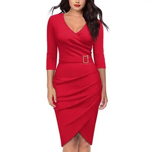 Elegant red V-neck bodycon dress with three-quarter sleeves for office or cocktail