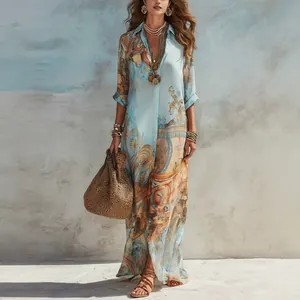 Robe Maxi Imprimée Numérique Vintage pour Femmes Col Chemise Fluide Manches Longues Style Bohème Robe Longue de Plage