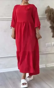 Red round neck pleated long sleeve casual maxi dress with unique drawstring sleeve details
