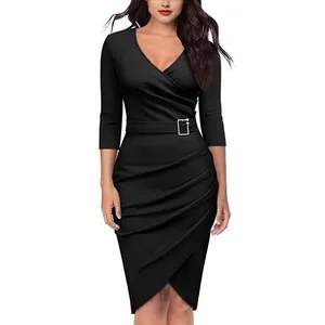 Elegant black V-neck bodycon office dress with 3/4 sleeves and stylish ruched waist detail