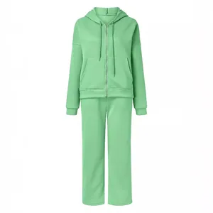 Women's two-piece hooded tracksuit in solid light green, loose fit casual jogger set