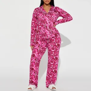 Women's pink psychedelic print long-sleeve pajama set with lapel collar