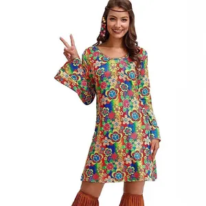 Disfraz de hippie vintage para mujer con estampado de flores y signos de paz coloridos