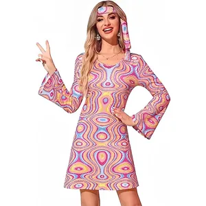 Disfraz de hippie retro para mujer con estampado psicodélico y diadema a juego