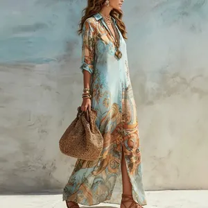 Robe longue femme imprimé numérique vintage style bohème fluide avec col chemise