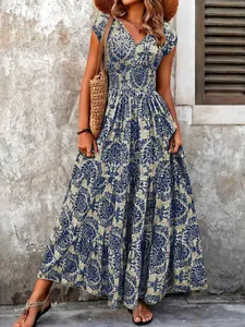 Elegant vintage printed V-neck short sleeve maxi dress for women in summer boho style