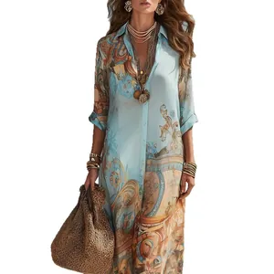 Robe chemise maxi rétro bleu clair avec imprimé artistique numérique élégant