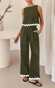 Women's 2-piece olive green set with sleeveless crop top and scalloped hem pants