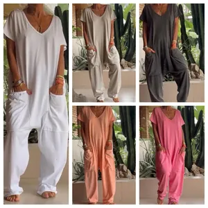 Dames Casual V-hals Korte Mouw Jumpsuit Losse Haremstijl Met Grote Zakken Polyester Elastaan Top en Broek
