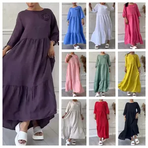 Women Round Neck Smocked Long Sleeve Tiered Maxi Dress Cotton Polyester Solid Color Drawstring Back Tie Casual Vacation Dress