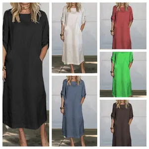 Dames Casual Katoen Linnen Maxi Jurk Ronde Hals Effen Kleur Korte Mouw Lange Jurk Met Zakken Comfortabele Zomerkleding