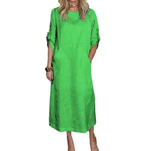 Casual lichtgroene katoen-linnen maxi-jurk met ronde hals en zijzakken voor dames