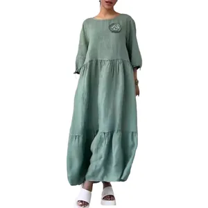 Elegant sage green round neck tiered maxi dress for women's casual summer wear